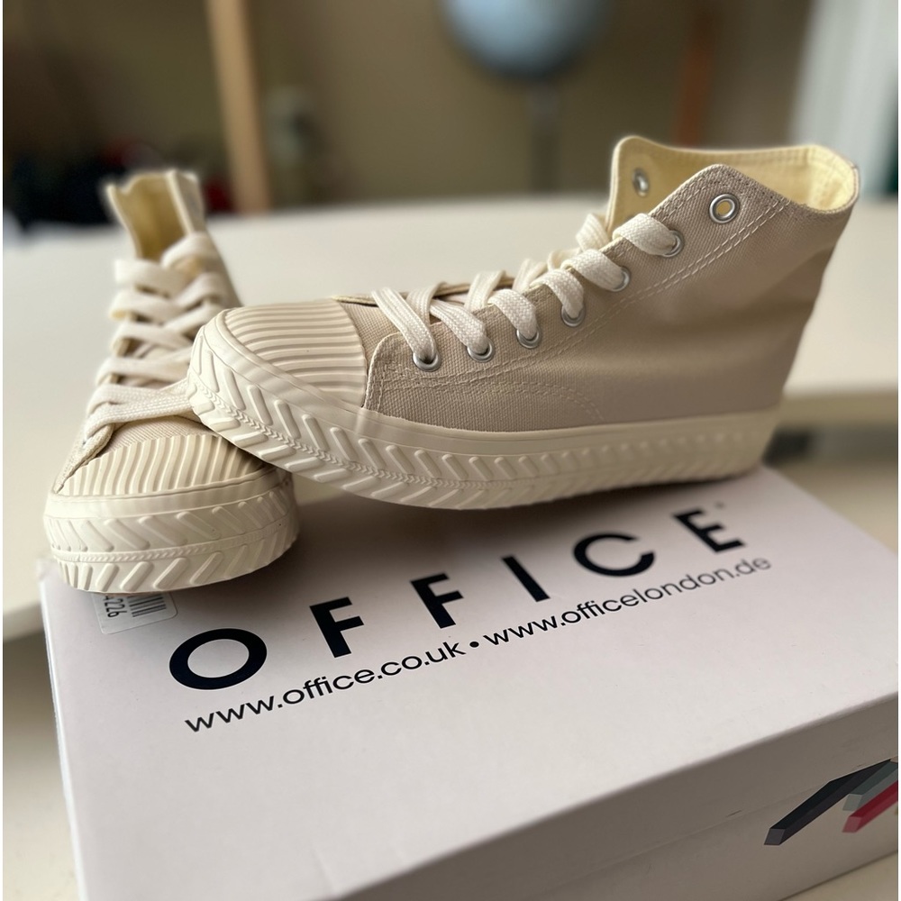OFFICE - lace up hi-top sneakers in neutral canvas with rubber sole & toe